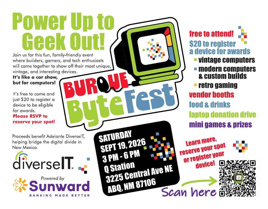 Burque ByteFest flyer — Power Up to Geek Out! Saturday September 19, 3–6pm, Q Station, free to attend, proceeds benefit Adelante DiverseIT