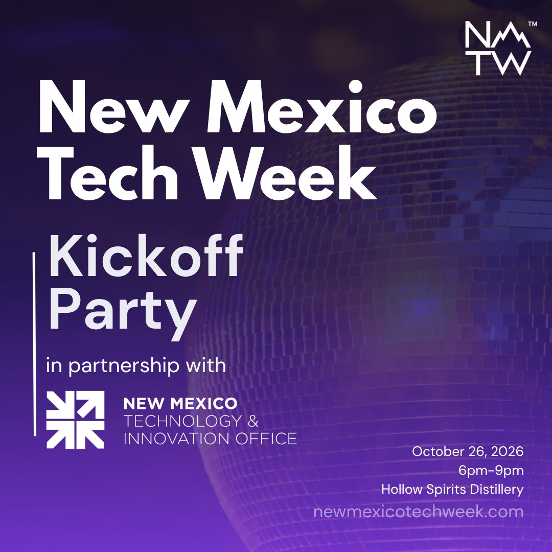 New Mexico Tech Week Kickoff Party flyer — October 26 2026, 6–9pm, Hollow Spirits Distillery, in partnership with the NM Technology & Innovation Office